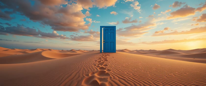 Golden sands stretch endlessly under a sunset sky, where a lone blue door stands like a portal to dreams. Warm light bathes the desert, invoking wonder and hope. Footprints lead to mystery, the air tingles with promise. The horizon whispers secrets of adventure and discovery.