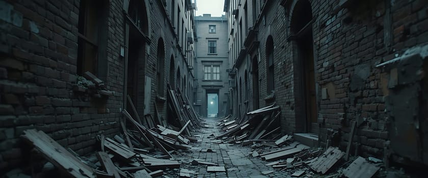 A haunting silence cloaks the wreckage. Shadows dance on crumbled walls, echoing forgotten whispers. The cold air carries loss, despair lingering in every decayed brick.