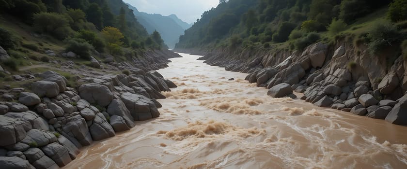 Turbulent waters roar through a narrow gorge, echoing the raw power of nature. Mist rises, mingling with the somber skies. Towering rocks and dense foliage frame the relentless flood, evoking a sense of awe and vulnerability amidst the wilderness.