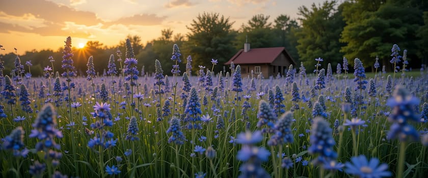 A tranquil twilight field of lavender dreams, bathed in golden light. Whispers of serenity dance as the sun sets, painting the world in soft hues. Natureâ€™s lullaby.