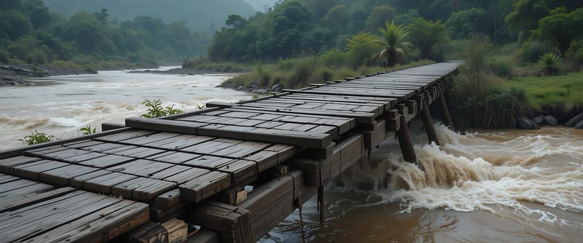 Rain-kissed planks sway over a relentless river, the forest whispers, and misty air breathes sorrow. Nature's raw power reshapes the world, leaving a silent, haunting beauty.