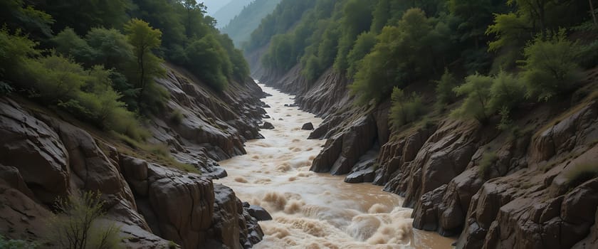 Wild waters rush through ancient rocks, whispering secrets of the forest. Mist dances above as shadows lurk below, evoking a sense of mystery and awe amidst nature's untamed beauty.