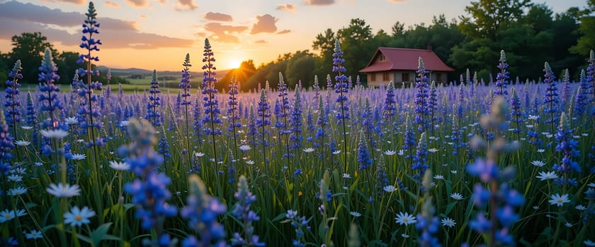 Golden sunbeams kiss a field of purple dreams, as whispers of wind dance through petals and memories. A tranquil haven, where time stands still.
