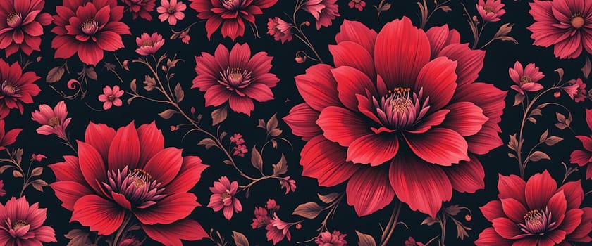 Rippling waves of crimson blossoms unfurl against a midnight canvas, whispering secrets of passion and mystery. The velvety petals seem to breathe, their elegance a dance of shadows and light. A haunting beauty, both alluring and untouchable, beckons you into its depths. The air is thick with the scent of night-blooming flowers, a perfume that lingers like a forgotten dream. Each bloom, a silent testament to love's eternal enigma, draws you into a realm where time stands still, and emotions run deep.