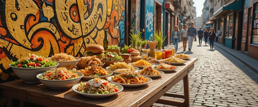Vibrant cobblestones echo with laughter. Sun-kissed tables overflow with bright, tantalizing feasts. The air is rich with aroma and creativity. Joy radiates from every colorful corner.