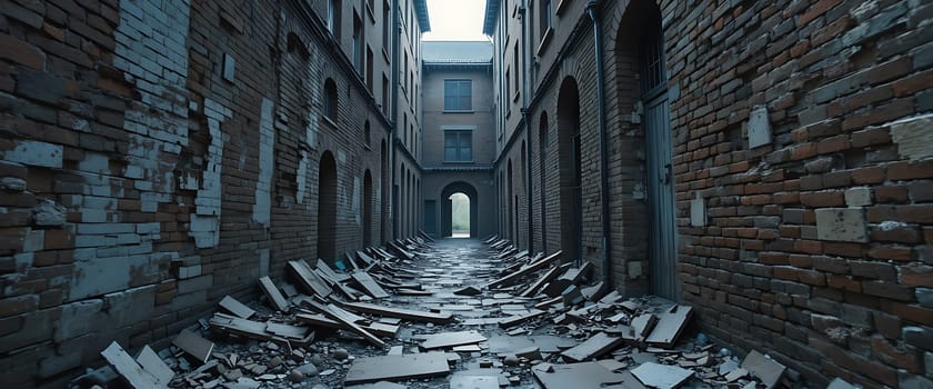 A shattered corridor of time, silence screams through crumbling walls, echoing forgotten whispers. Ruinâ€™s cold embrace, hope fades in shadows.