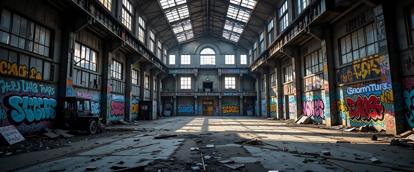 A haunting symphony of decay echoes through graffiti-laden walls, sunlight trickling in like whispers of forgotten dreams in this abandoned sanctuary of echoes.