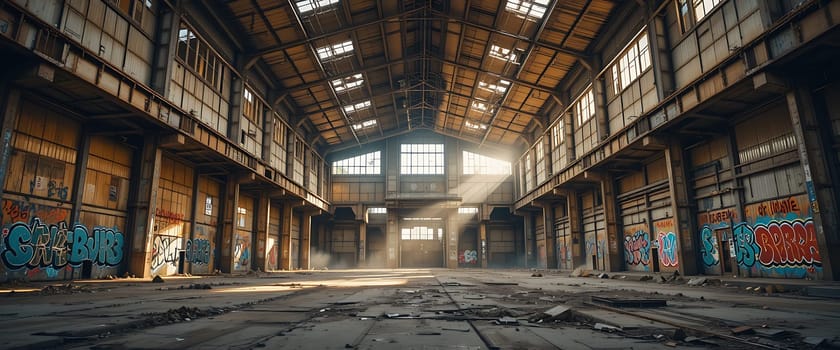 Sunlight pierces through the abandoned warehouse, revealing forgotten echoes of industry. Graffiti whispers tales of rebellion amidst the haunting stillness. Dust motes dance in the golden beams, stirring a sense of melancholy and nostalgia, ghosts of time past lingering in the air.