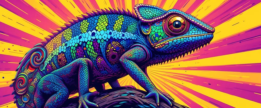 A psychedelic chameleon glows like a living rainbow, its vibrant scales shimmering against a cosmic sunburst. Eyes wide with curiosity, it evokes wonder and awe, as if magic and mystery are within reach.