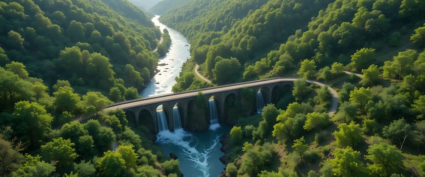 Serenity flows through lush, whispering forests as sunlight dances over gentle waters, embracing the stone bridge in tranquil harmony.