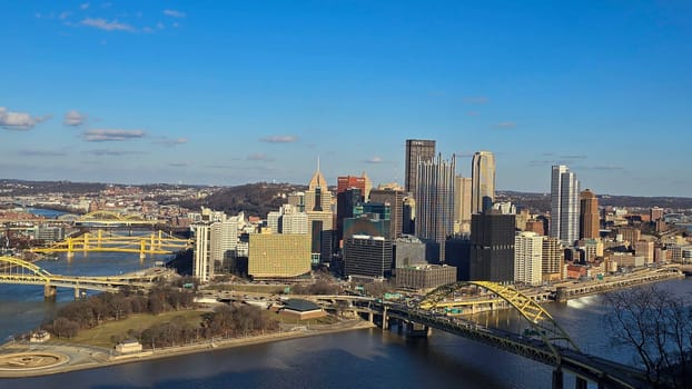 City skyline featuring modern and classic architecture, with prominent skyscrapers and urban buildings with colorful bright colors, capturing the essence of metropolitan life and architectural diversity.