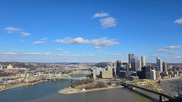 City skyline featuring modern and classic architecture, with prominent skyscrapers and urban buildings with colorful bright colors, capturing the essence of metropolitan life and architectural diversity.