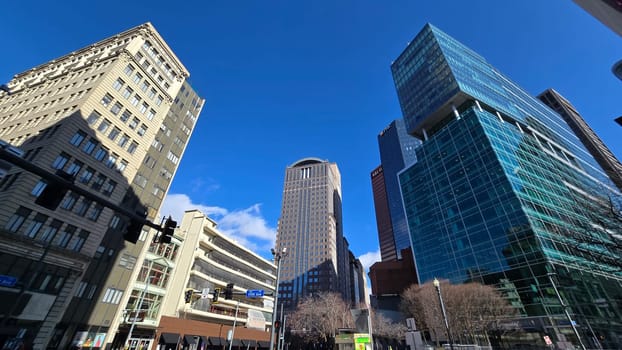 City skyline featuring modern and classic architecture, with prominent skyscrapers and urban buildings with colorful bright colors, capturing the essence of metropolitan life and architectural diversity.