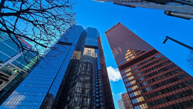 City skyline featuring modern and classic architecture, with prominent skyscrapers and urban buildings with colorful bright colors, capturing the essence of metropolitan life and architectural diversity.