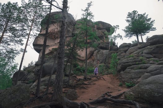A man wearing a purple raincoat stands among rugged rocks and towering formations surrounded by lush forest greenery. The Stolby nature reserve park, Krasnoyarsk