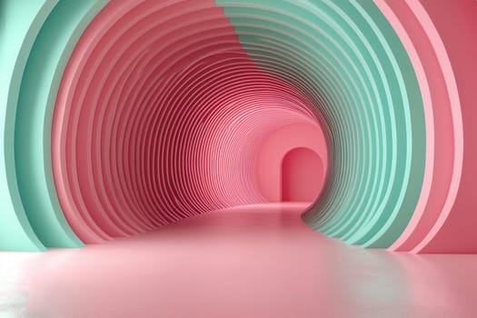 A spacious tunnel showcases swirling patterns of pink and teal, inviting exploration in a contemporary art environment.