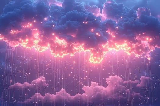 Vibrant clouds illuminated by soft colors create a magical atmosphere as rain gently falls from the sky at dusk.