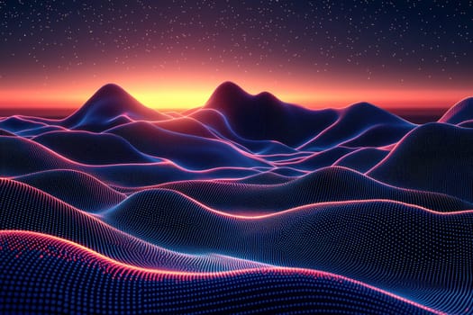 Vibrant hills of glowing dots create a mesmerizing landscape at sunset, surrounded by twinkling stars and deep colors.