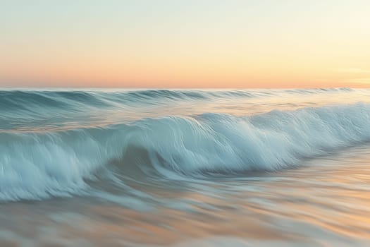 Soft waves lap against the shore as the sun sets, casting warm hues across the tranquil ocean and sandy beach.