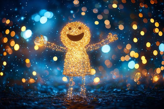 A glowing figure with an expressive smile stands joyfully, adorned in lights, against a colorful bokeh backdrop during the night.