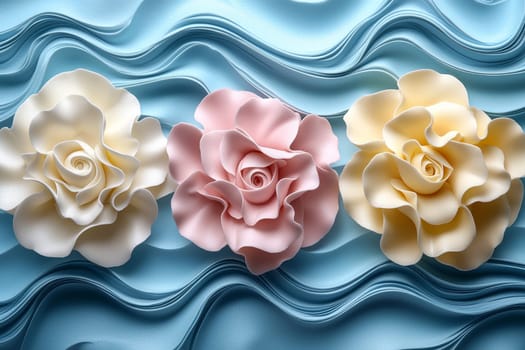 Three pastel roses in cream, pink, and white sit gracefully atop soft blue fabric, enhancing the tranquil and artistic atmosphere.
