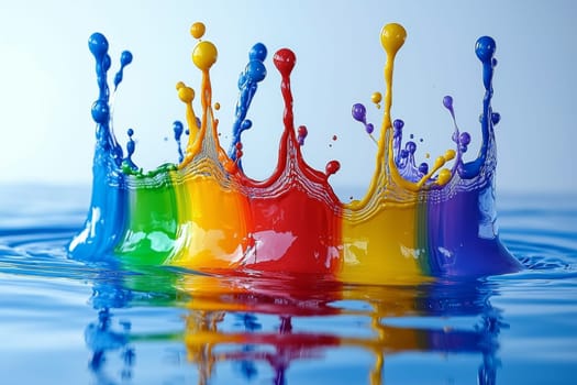 A vibrant splash of colored liquid forms a striking pattern as it collides with the water surface, creating dynamic ripples.
