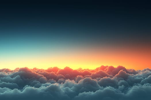 A breathtaking sunset fills the sky with vivid colors, casting a warm glow over a thick layer of fluffy clouds below.