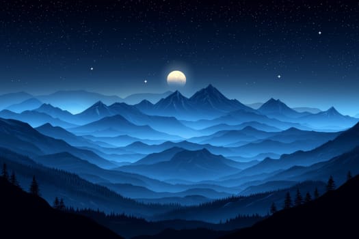 Layers of blue mountains stretch across the horizon, illuminated by a glowing moon amidst twinkling stars at night.