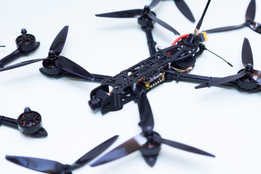 FPV drone in production on white background