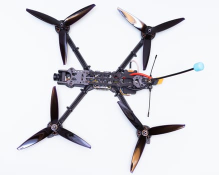 FPV drone in production on white background