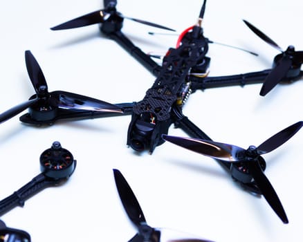 FPV drone in production on white background