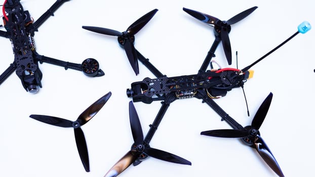 FPV drone in production on white background