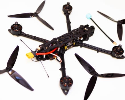 FPV drone in production on white background