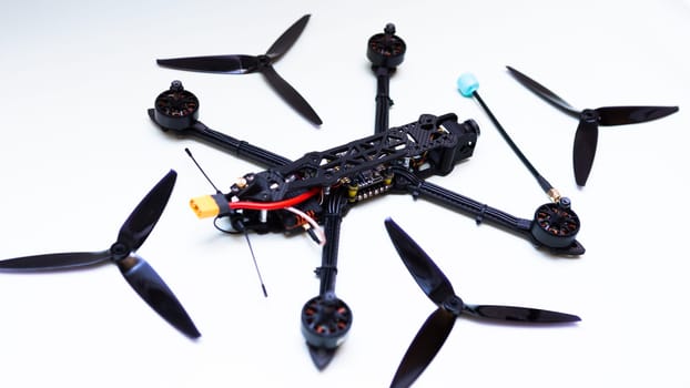 FPV drone in production on white background