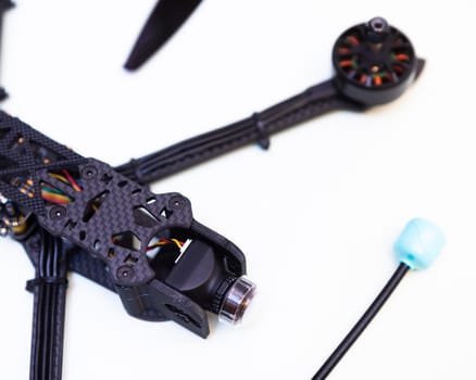 FPV drone in production on white background