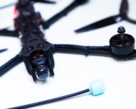 FPV drone in production on white background