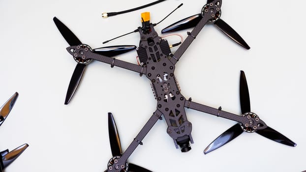 FPV drone in production on white background