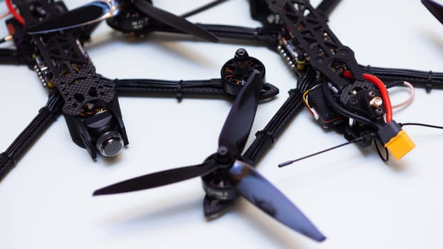 FPV drone in production on white background