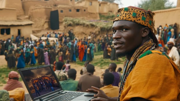 A man wearing traditional attire and a patterned head covering sits in a village using a laptop, a crowd gathers in the background, set against earth-tone buildings and open land.