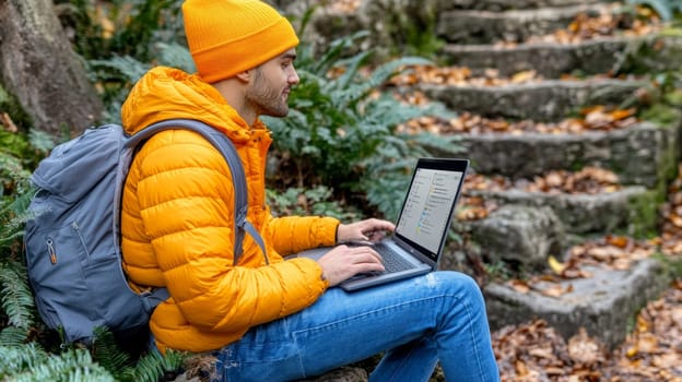 A man with backpack is sitting on stone steps outdoors, dressed in a jacket and beanie, using a laptop. He is surrounded by natural scenery, ferns, and fallen leaves, connecting with nature.