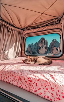 Inside a cozy camper, a cat dozes on a bed with a red floral pattern. Through the camper's window, a stunning view of rocky mountains is visible under a clear blue sky. The interior is bathed in soft sunlight.