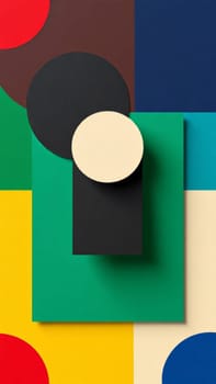 An abstract geometric composition featuring circles and rectangles in red, yellow, blue, green, brown, black, and cream. The arrangement creates a modern, visually appealing design with interesting shadows.