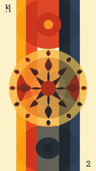 This artwork features an array of concentric circles in warm and cool colors, overlaid on a background of vertical stripes. A central, stylized wheel motif ties the composition together.