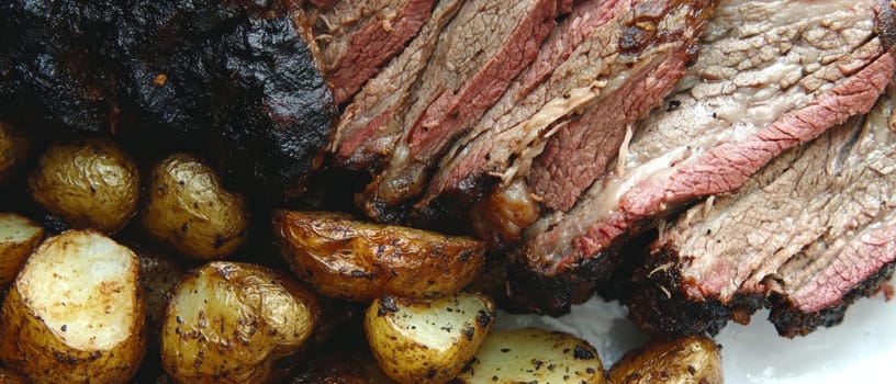 A mouthwatering close-up of sliced, cooked meat with a dark, crispy exterior served alongside roasted potatoes. This hearty dish evokes a sense of warmth and savory satisfaction.