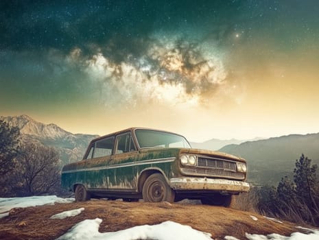 A vintage, green-toned vehicle sits on a hill with melting snow patches, set against a mountainous backdrop under a stunning starlit sky, blending natural beauty with nostalgic decay.