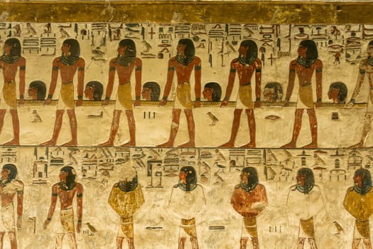 Highly detailed wall painting on walls of KV17 royal tomb for Seti I in Valley of the Kings in Luxor