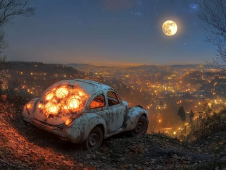 A vintage car, weathered and worn, rests atop a hill, illuminated from within, with a panoramic view of a brightly lit city sprawling beneath a moonlit sky. The scene evokes nostalgia and wonder.