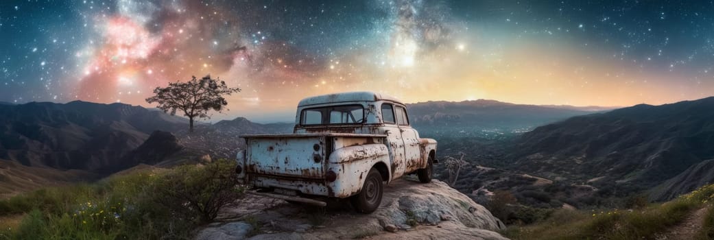 A vintage, weathered light blue truck sits atop a rocky hill, set against a stunning backdrop of rolling mountains and a vivid Milky Way. A solitary tree stands to the left, adding to the serene scene.