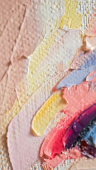 This artwork features a close-up of thickly applied oil paint in a variety of warm tones including pink, orange, and yellow, creating an engaging abstract composition with texture.