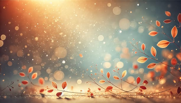 Small autumn leaves glow under warm sunlight with a highly blurred background and delicate, out-of-focus particles. The soft gradient of light blue and golden hues creates a peaceful, tranquil scene, perfect for text overlays.